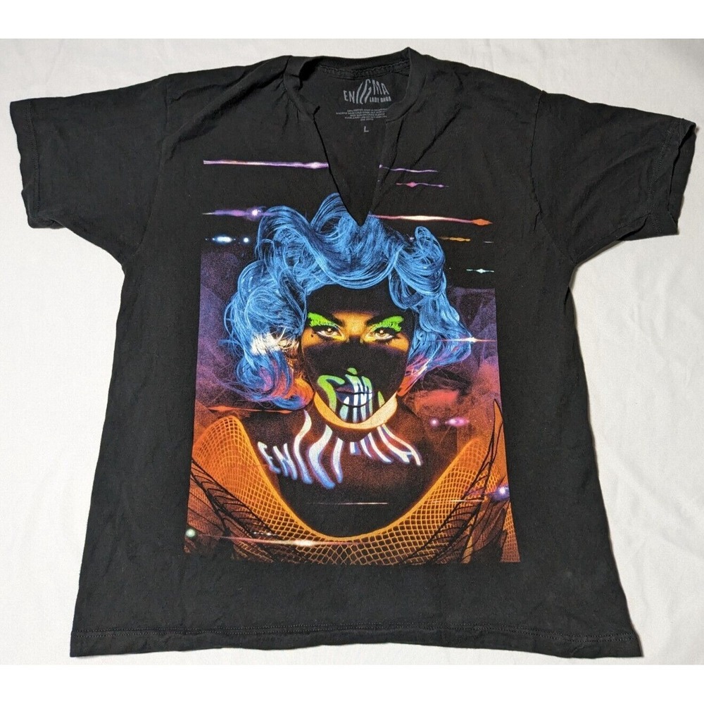 LADY GAGA LAS VEGAS ENIGMA Women Large Black Cotton Custom V-Neck‎ T-shirt
